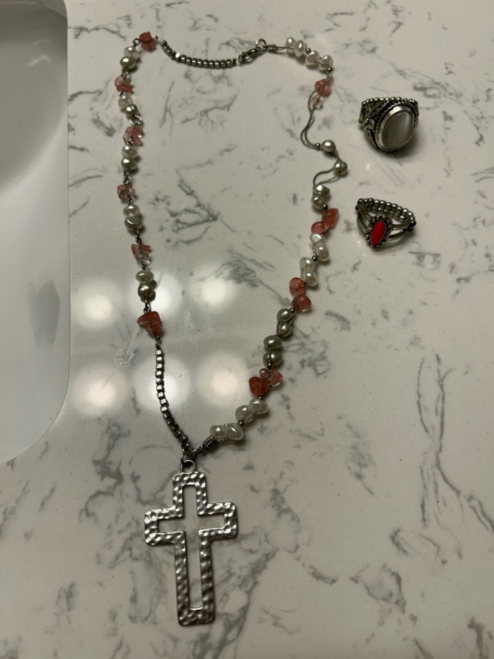 Silver Cross Pendant Necklace with Pink Beads - GENTLY USED!